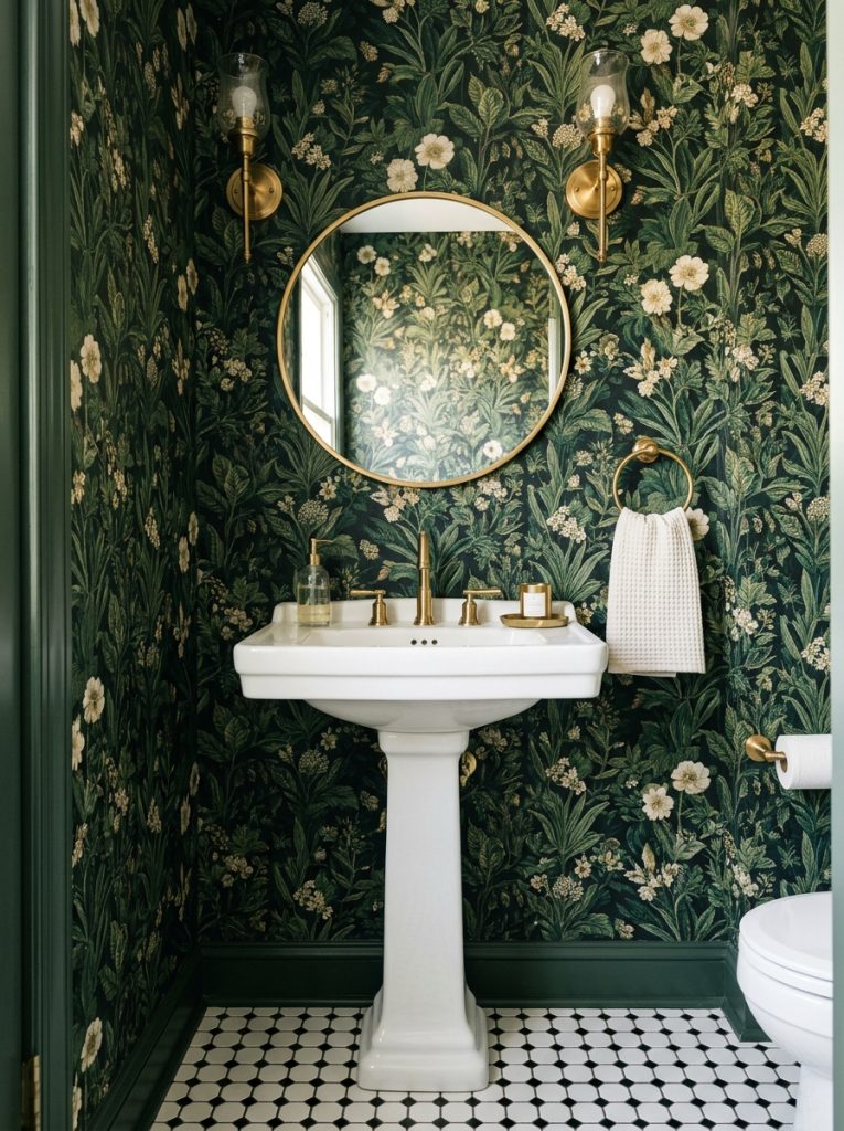 Wallpaper half bathroom with bold dark floral pattern white sink brass fixtures and round mirror