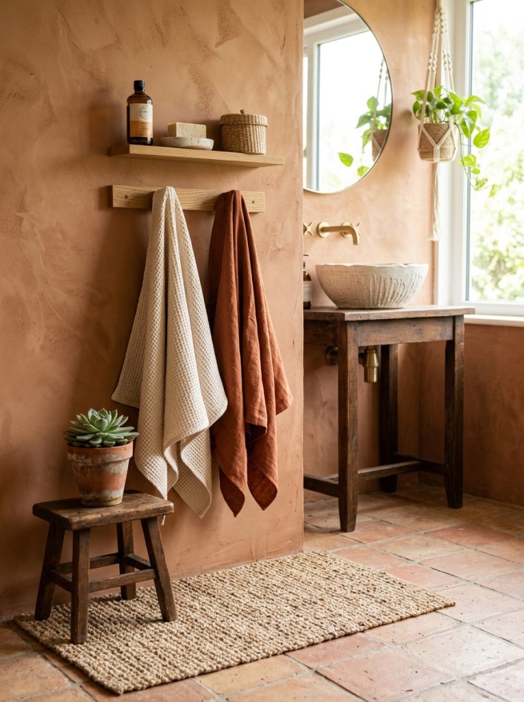 Earthy moody bathroom with clay walls jute mat terracotta plants and linen towels