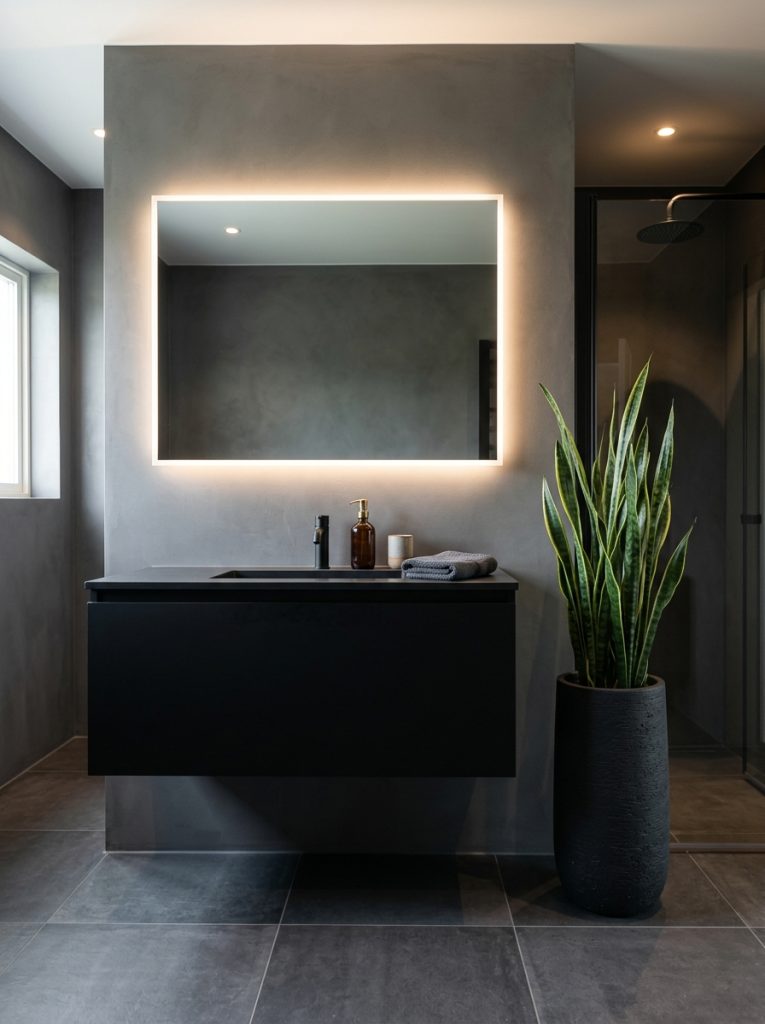 Modern moody bathroom with dark grey walls floating vanity backlit mirror and plant