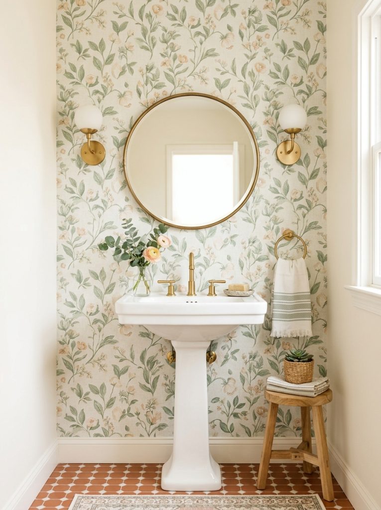 Small half bathroom with floral peel and stick wallpaper white pedestal sink and round mirror