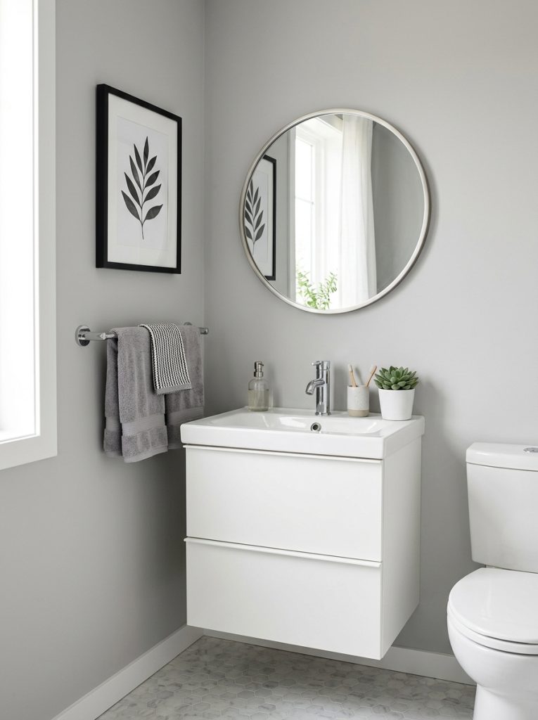 Modern gray white half bathroom with gray walls white sink silver mirror and black white wall art