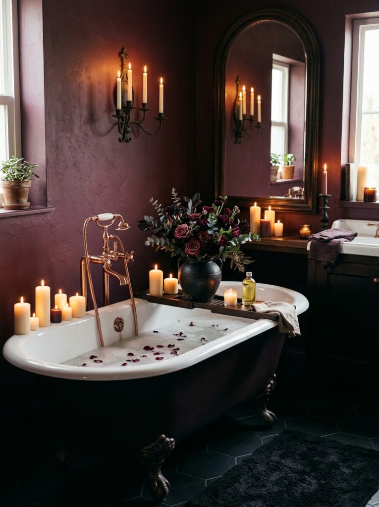 Romantic moody bathroom with burgundy walls candles rose gold fixtures and flowers