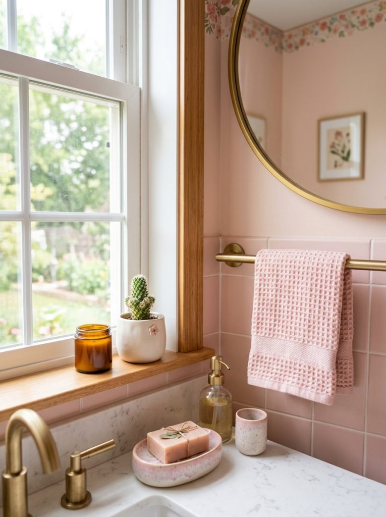  Cute bathroom decor with pastel pink accents cactus and ceramic soap dish