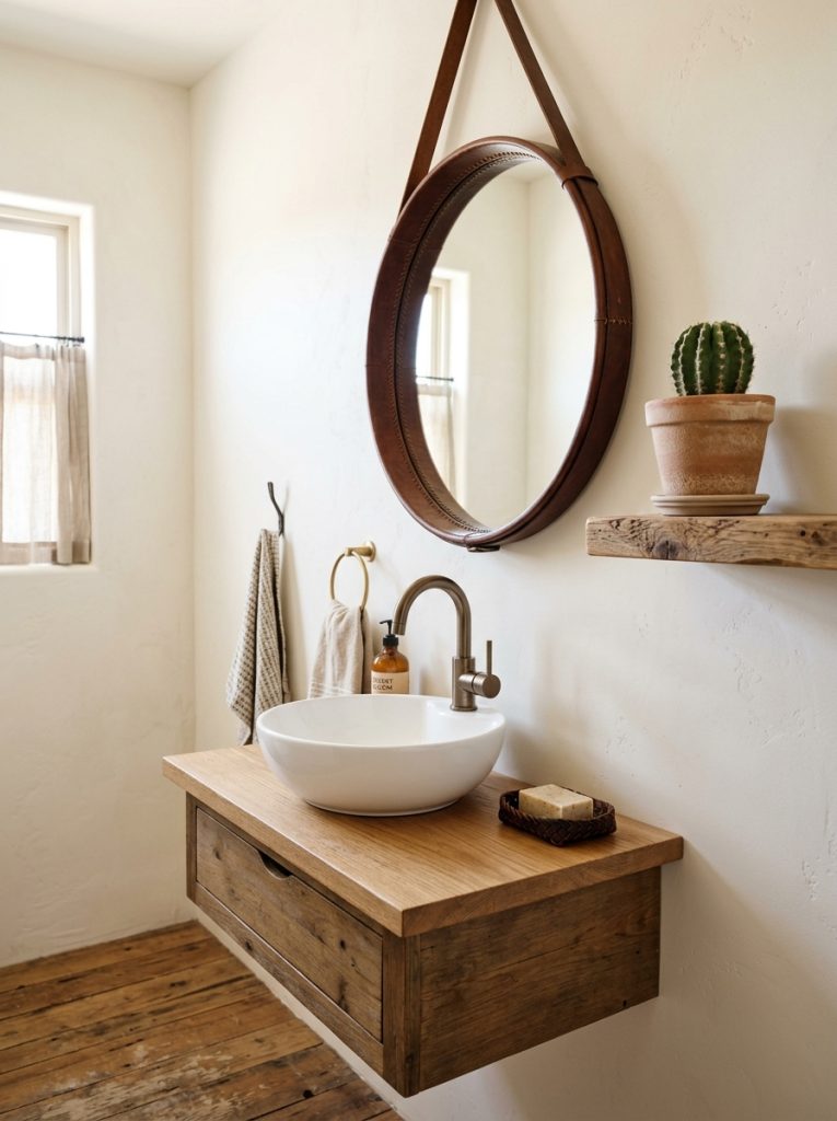 Modern western half bathroom with leather frame mirror bronze faucet wooden shelf and cactus