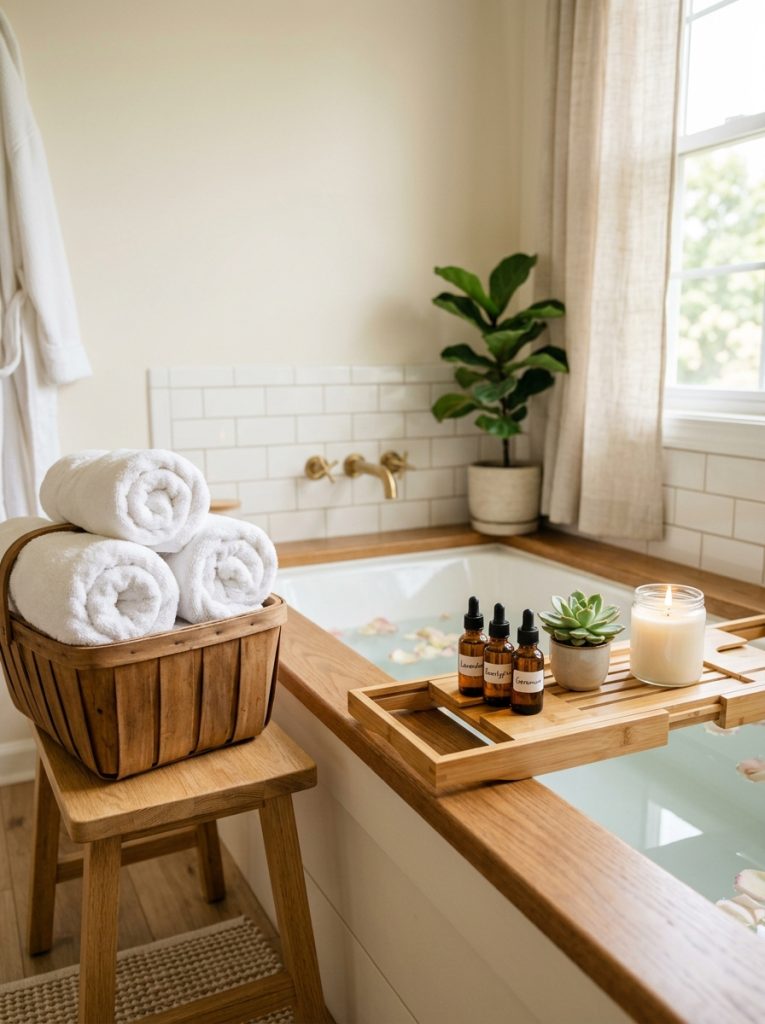  Spa inspired bathroom decor with bamboo tray candles and white towels