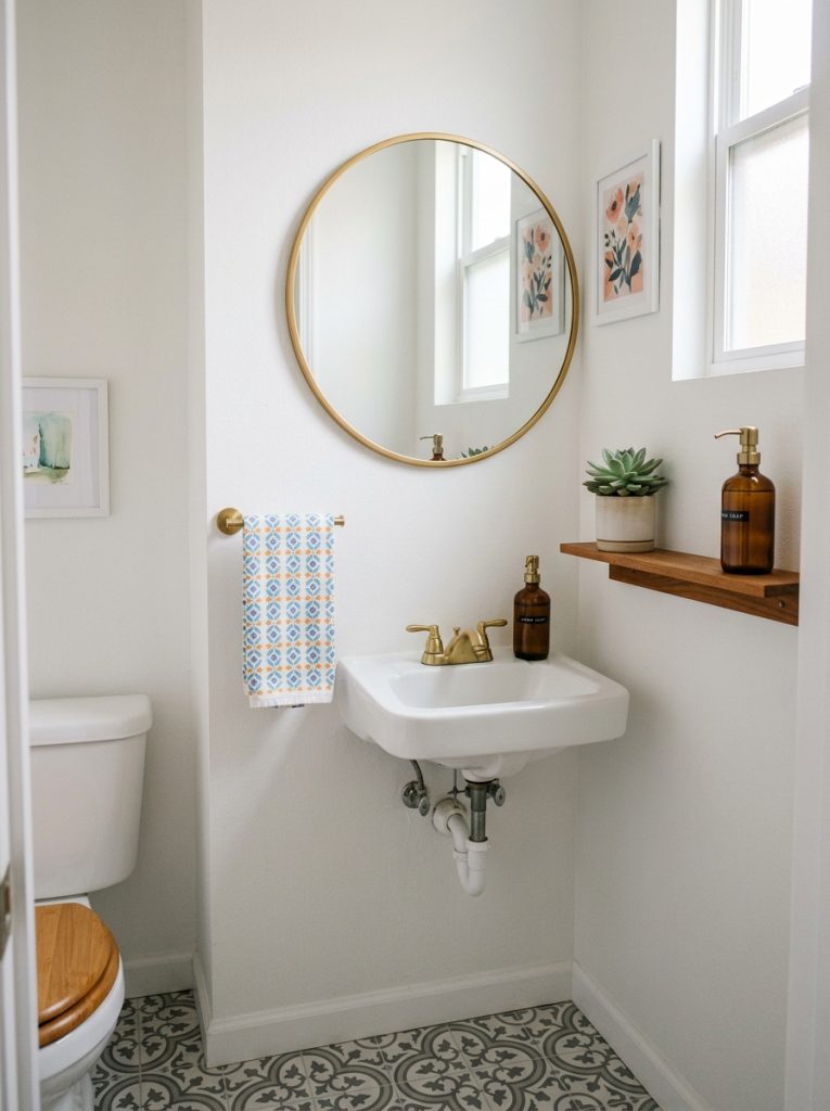 partment half bathroom with white walls gold mirror narrow shelf succulent and patterned towel