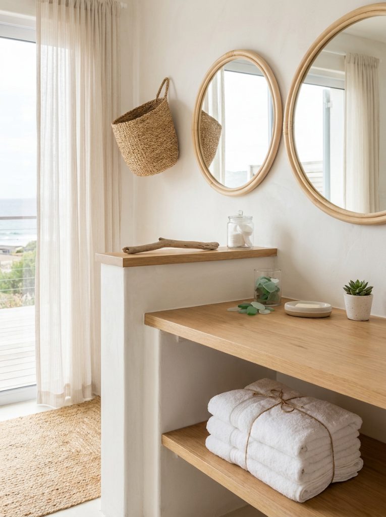  Beach hotel bathroom with white walls rattan mirror white towels tied with twine coastal accessories and driftwood shelf