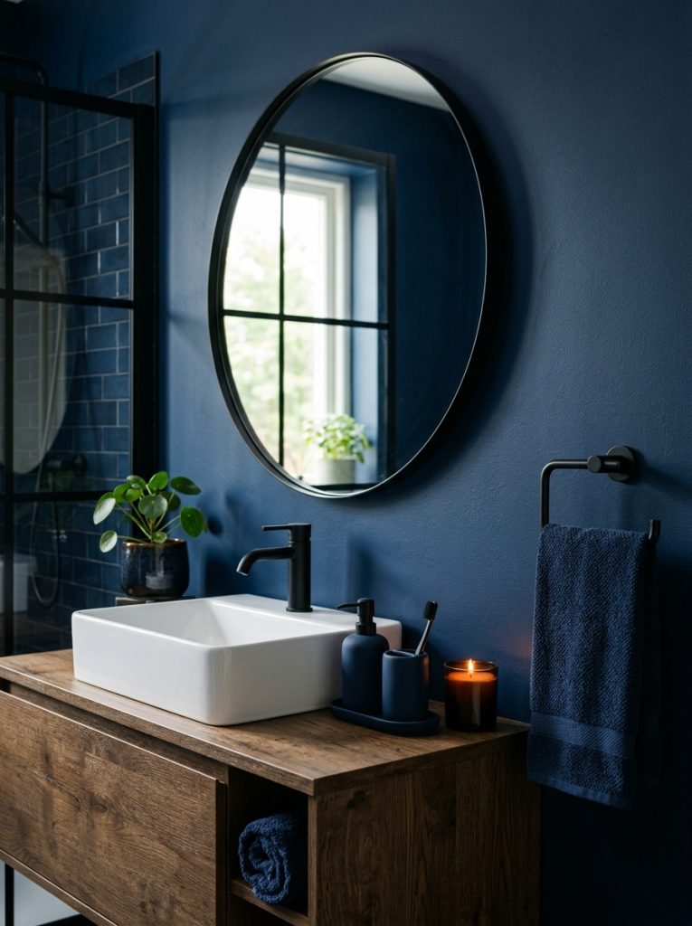 Black and blue bathroom aesthetic with navy walls black mirror white sink black faucet navy accessories dark candle and black towel bar