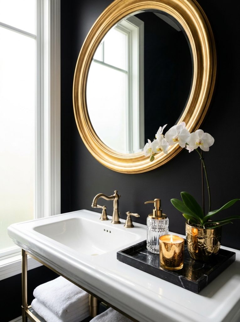 Black and gold bathroom aesthetic with black walls gold mirror gold fixtures black marble tray crystal gold dispenser and white orchid