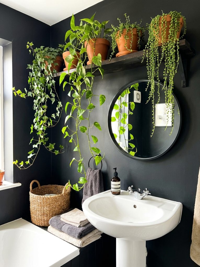  Black and green bathroom aesthetic with charcoal walls white sink black mirror lush green plants cascading from dark shelf