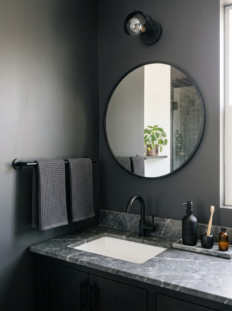  Black and grey bathroom aesthetic with charcoal walls black mirror white sink black faucet grey marble tray black dispenser and grey towels