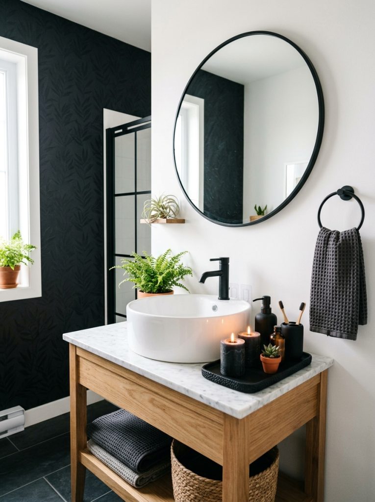  Apartment black bathroom aesthetic with white walls black mirror matte black accessories dark peel and stick wallpaper and dark candles