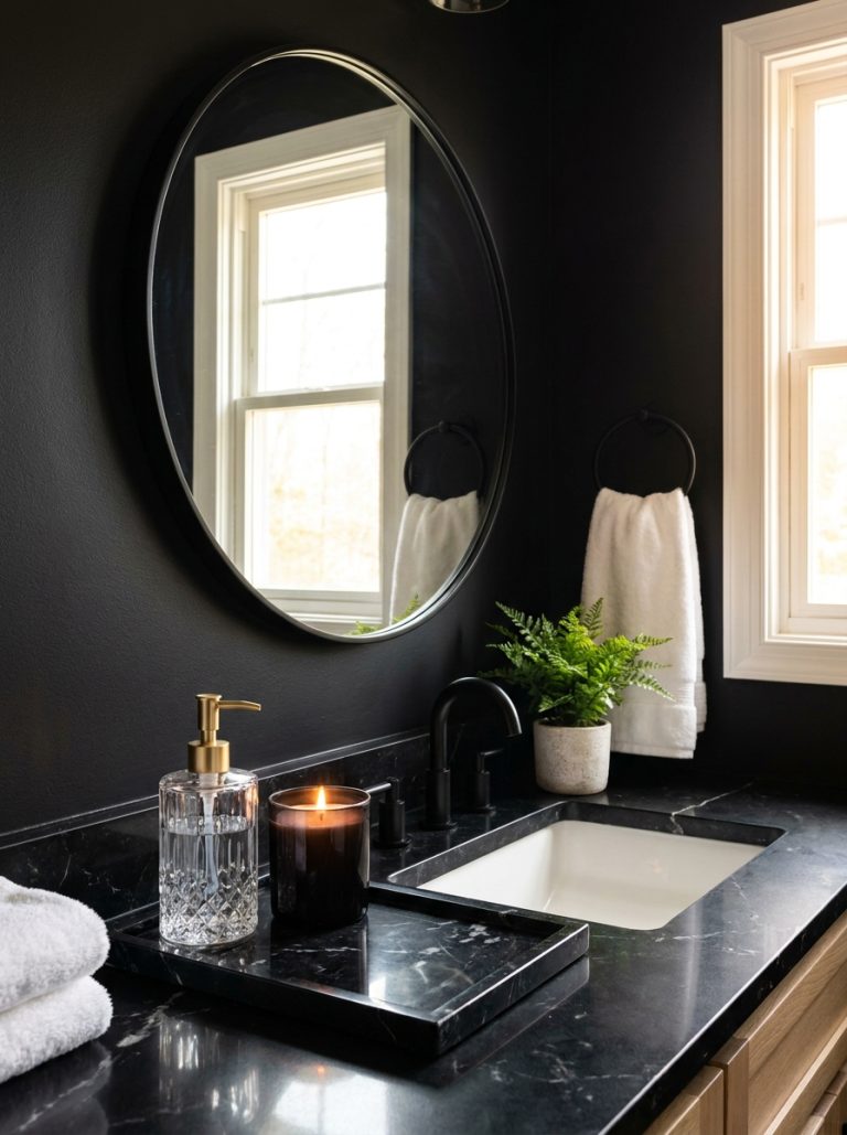 Black bathroom aesthetic with matte black walls round mirror white sink black marble tray crystal gold dispenser and dark candle