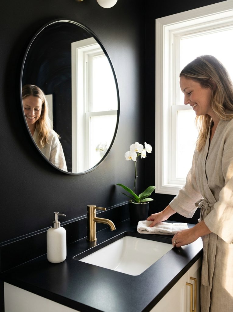 Clean bathroom aesthetic with white walls tiles sink chrome faucet frameless mirror ceramic set and small green plant