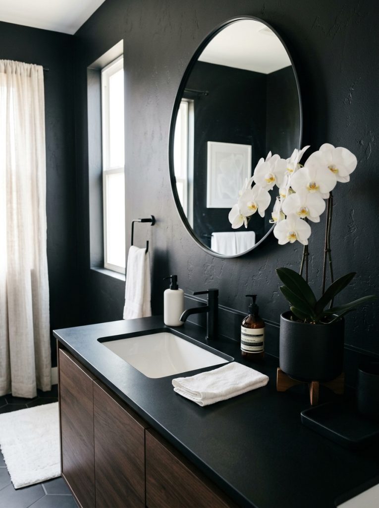 Black bathroom aesthetic with matte black walls slim black mirror white sink white ceramic dispenser and white orchid