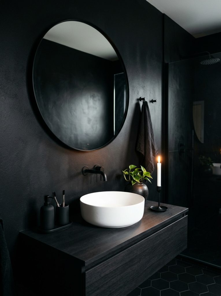 Black dark bathroom aesthetic with matte black walls black mirror white sink matte black accessories and single white candle