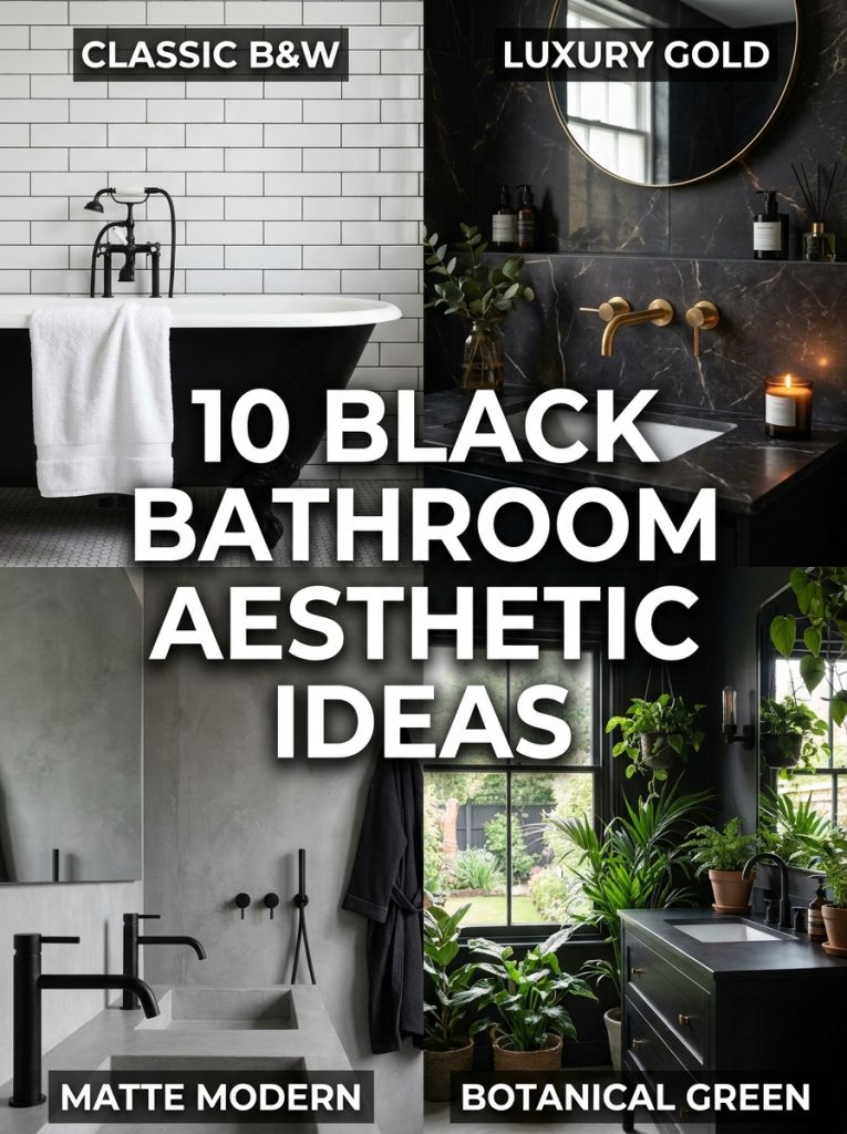 Collage of four black bathroom aesthetic ideas with text overlay showing ten black bathroom aesthetic ideas