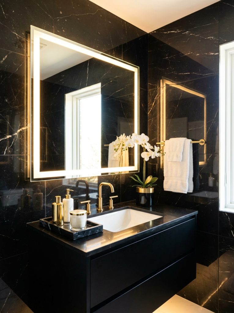  Luxury black bathroom aesthetic with black marble walls backlit mirror floating vanity gold fixtures marble tray and white orchid