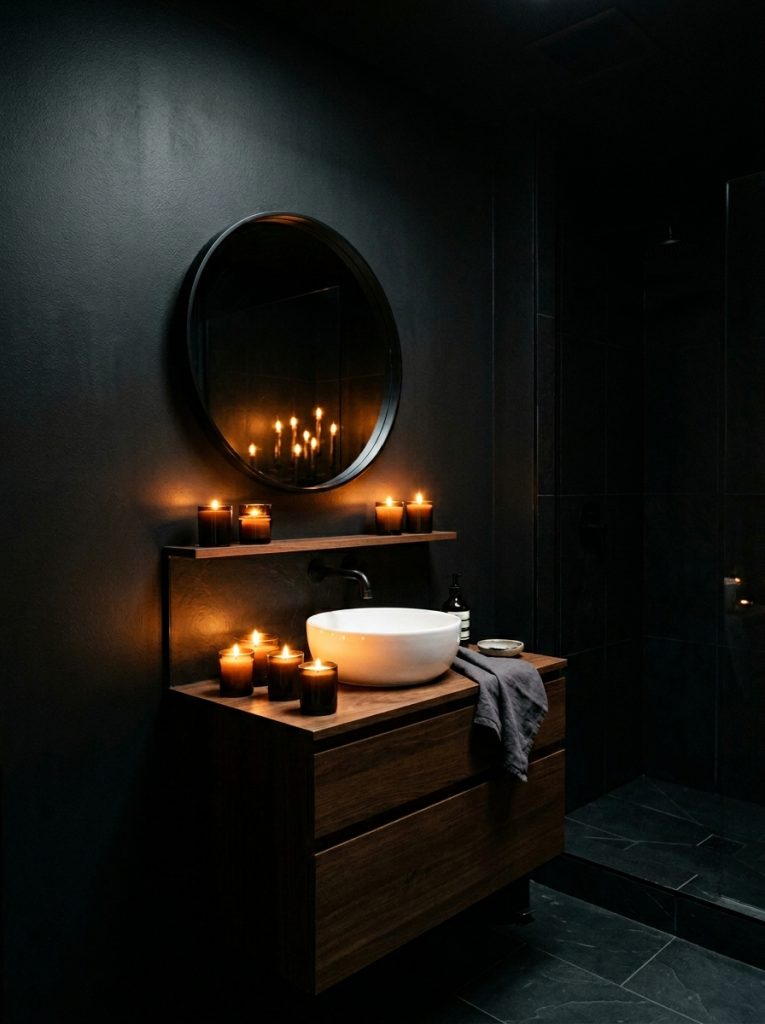 Dark black bathroom aesthetic with all black walls floor ceiling white sink multiple dark candles and black mirror reflecting candlelight