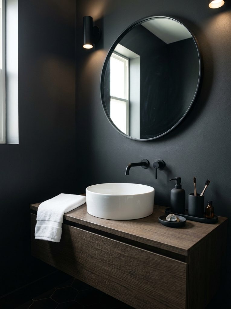 Black guest half bathroom with charcoal walls white sink matte black accessories round mirror and white towel