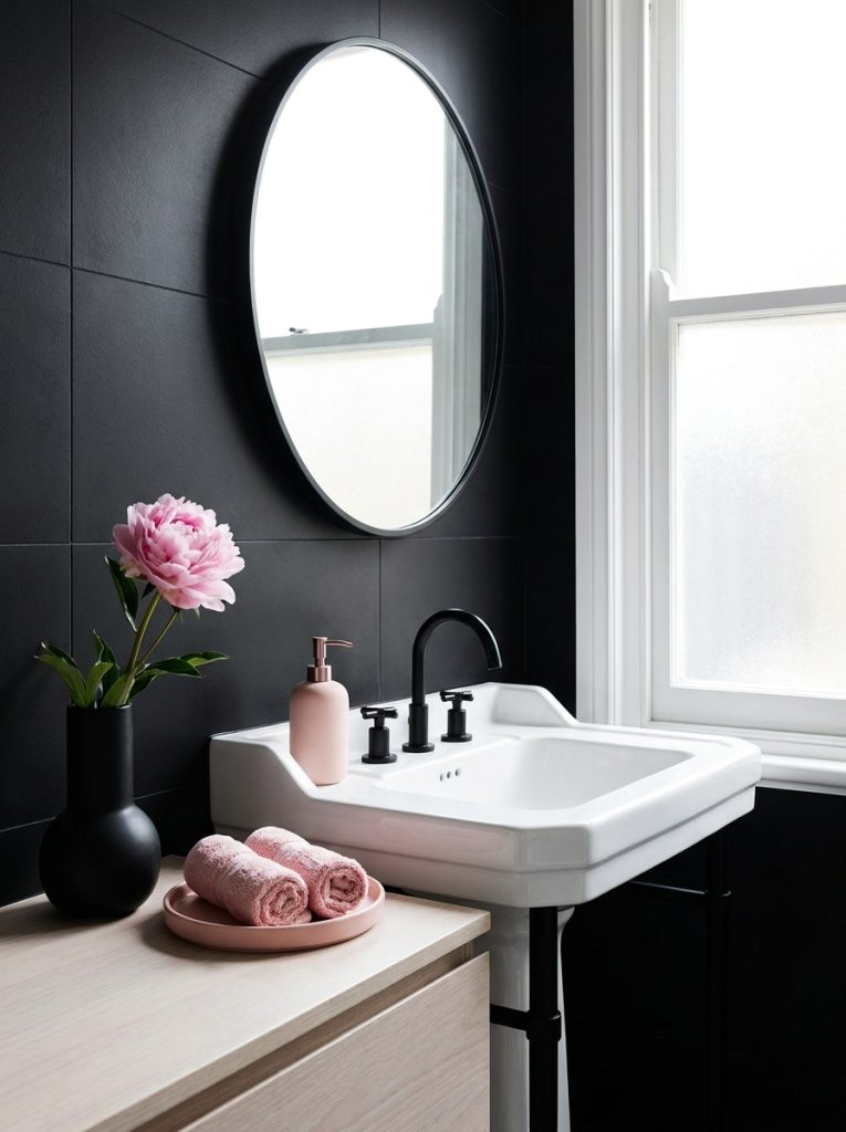  Black and pink bathroom aesthetic with matte black walls white sink black mirror pink accessories set and pink peony in black vase