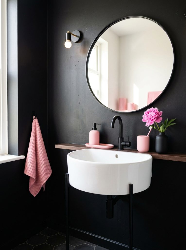 Black and pink bathroom aesthetic with matte black walls white sink black mirror pink accessories set and pink flower in black vase
