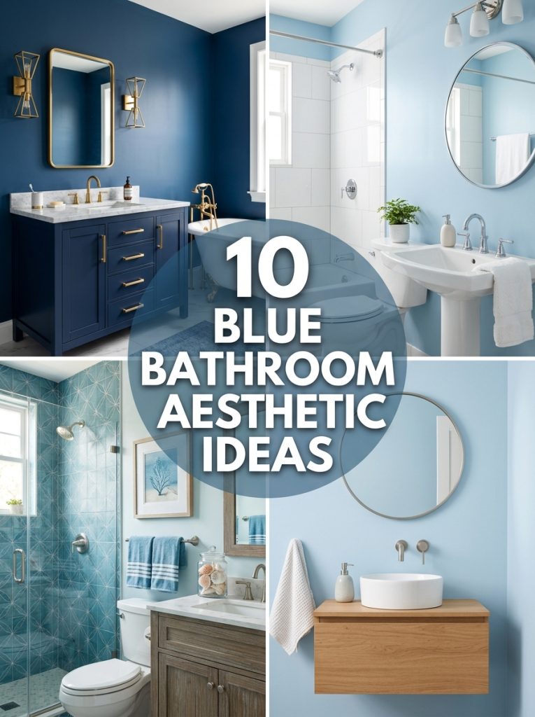 Collage of four blue bathroom aesthetic ideas with text overlay showing ten blue bathroom aesthetic ideas
