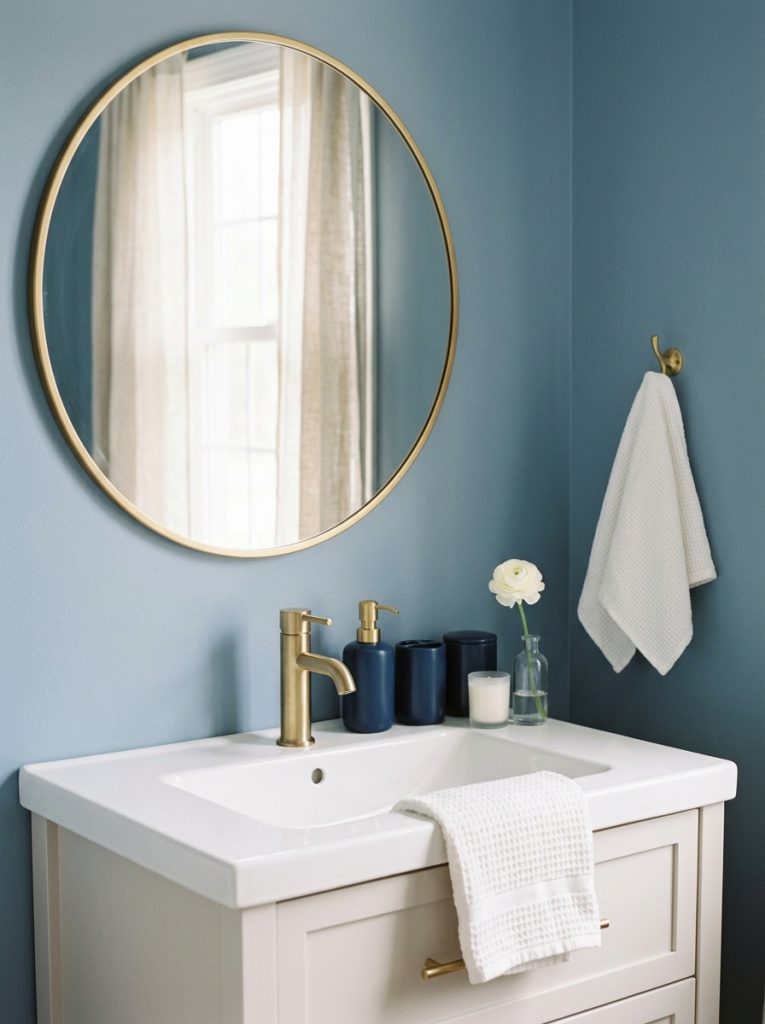 Soft blue bathroom aesthetic with dusty blue walls brass mirror gold faucet navy accessories white candle and white flower in bud vase