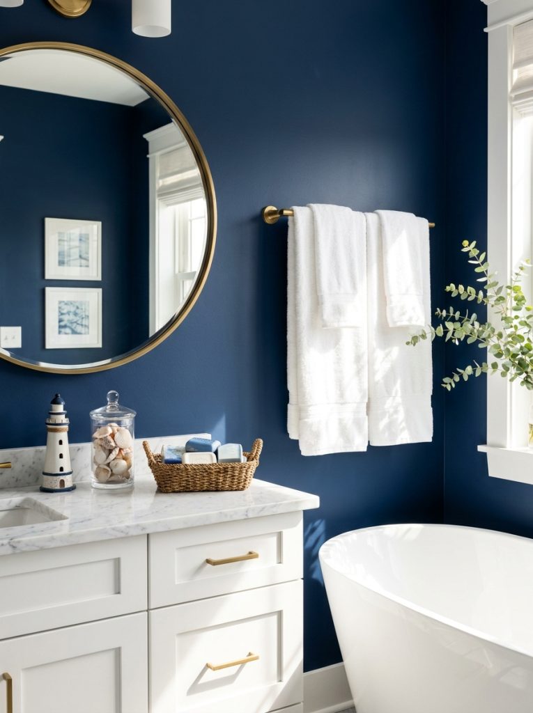 Blue bathroom aesthetic with navy walls white bathtub gold mirror white towels and coastal accessories