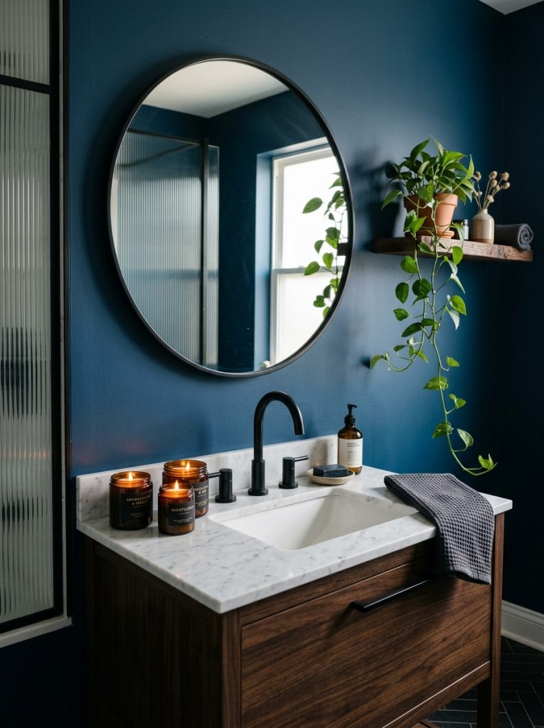Dark blue bathroom aesthetic with sapphire walls black mirror white sink black faucet dark candles and dark wood shelf with trailing plant