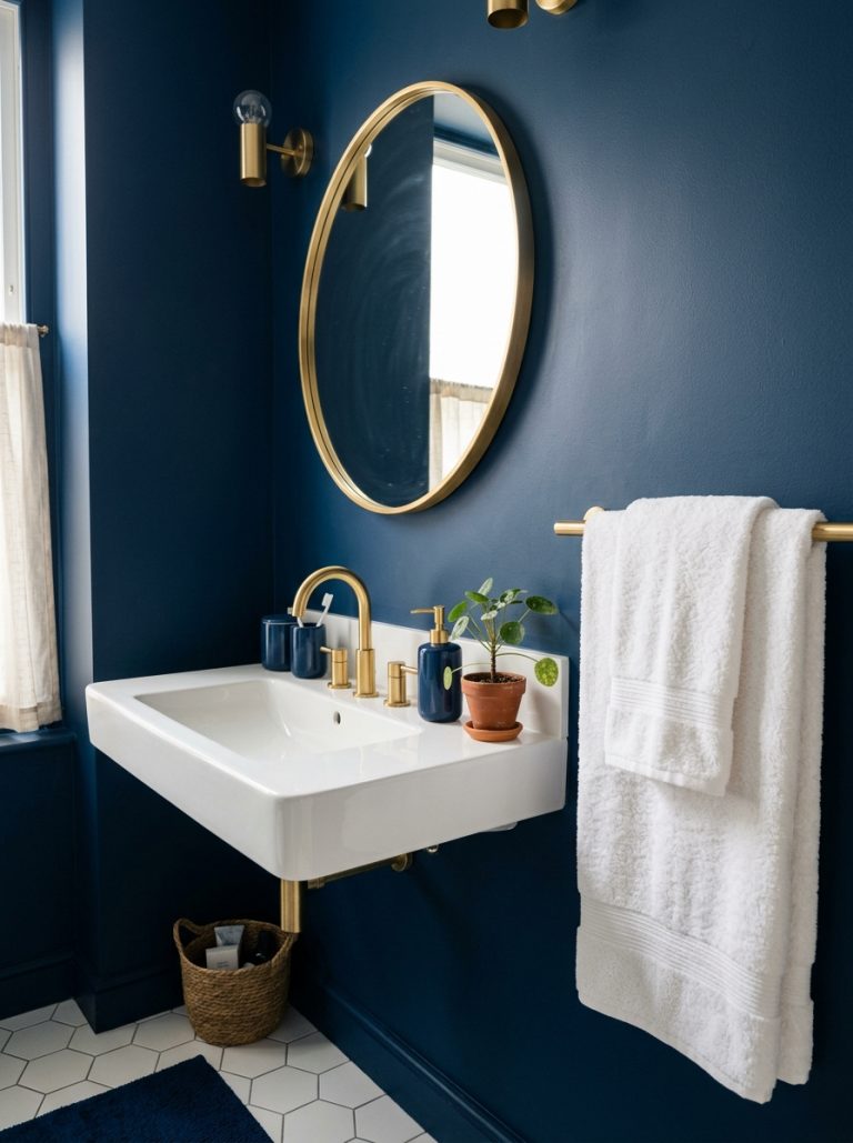 Blue bathroom aesthetic with navy walls gold mirror white sink gold faucet white towels and navy accessories set