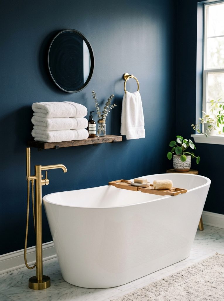 Blue moody bathroom with navy walls gold fixtures white bathtub and mirror