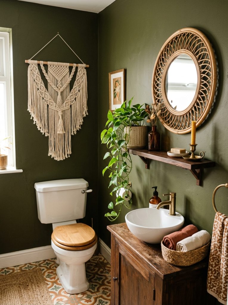  Bohemian moody bathroom with olive walls macrame rattan mirror and trailing plants