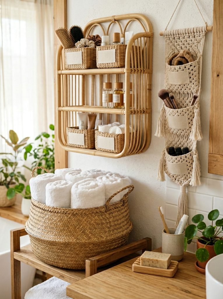 Boho bathroom organization with woven towel basket rattan shelf labeled baskets macrame wall organizer and wooden soap dish