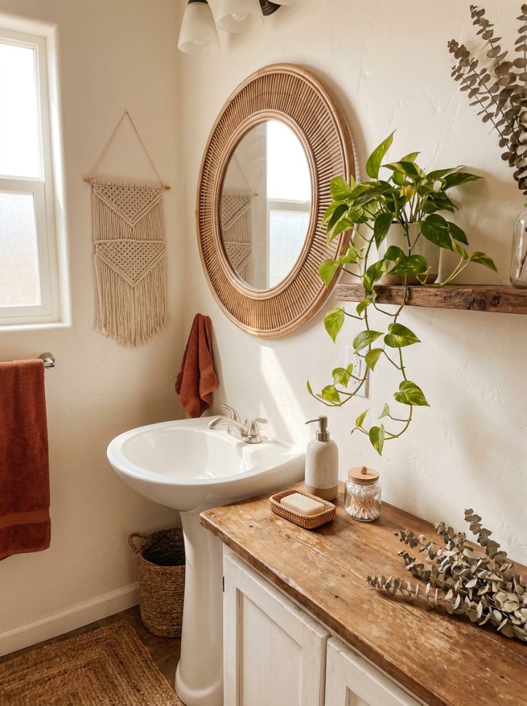 Boho half bathroom with rattan mirror boho accessories trailing plant macrame wall hanging and wooden shelf