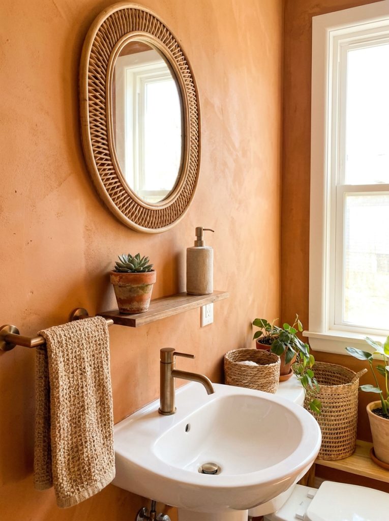 Earthy boho half bathroom with terracotta walls rattan mirror bronze faucet jute towel succulent and linen dispenser