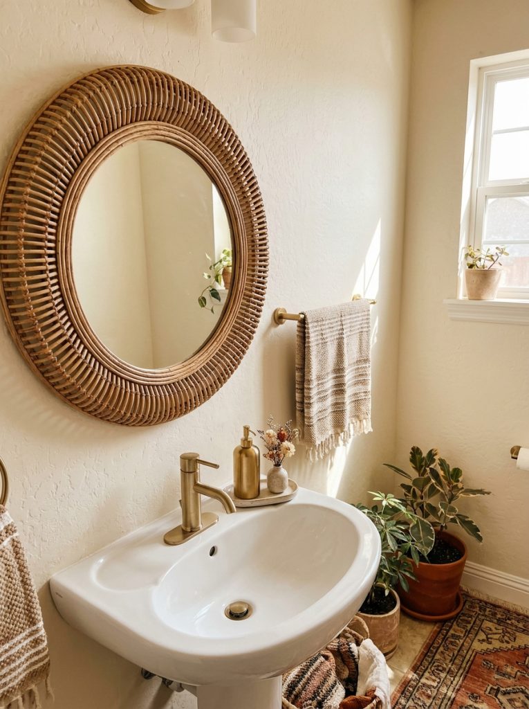 Boho chic half bathroom with cream walls rattan mirror gold faucet ceramic tray dried flowers and woven towel