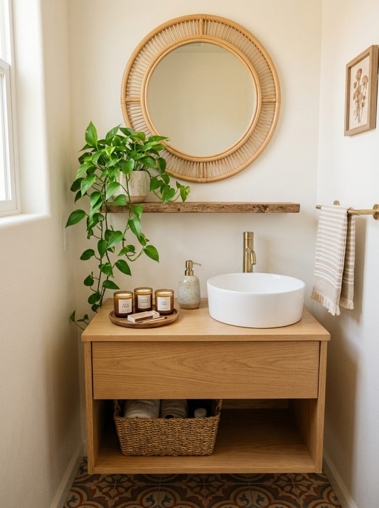 Boho guest half bathroom with rattan mirror candle set ceramic dispenser trailing plant and woven towel