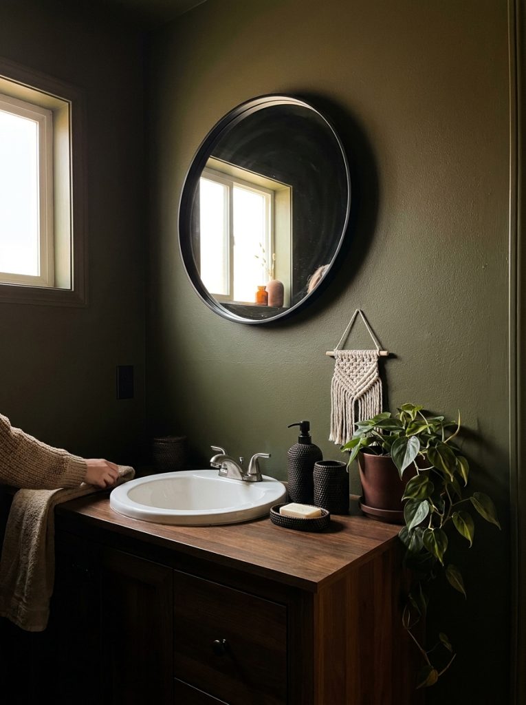 Dark boho half bathroom with olive green walls black mirror dark ceramic accessories macrame and trailing plant