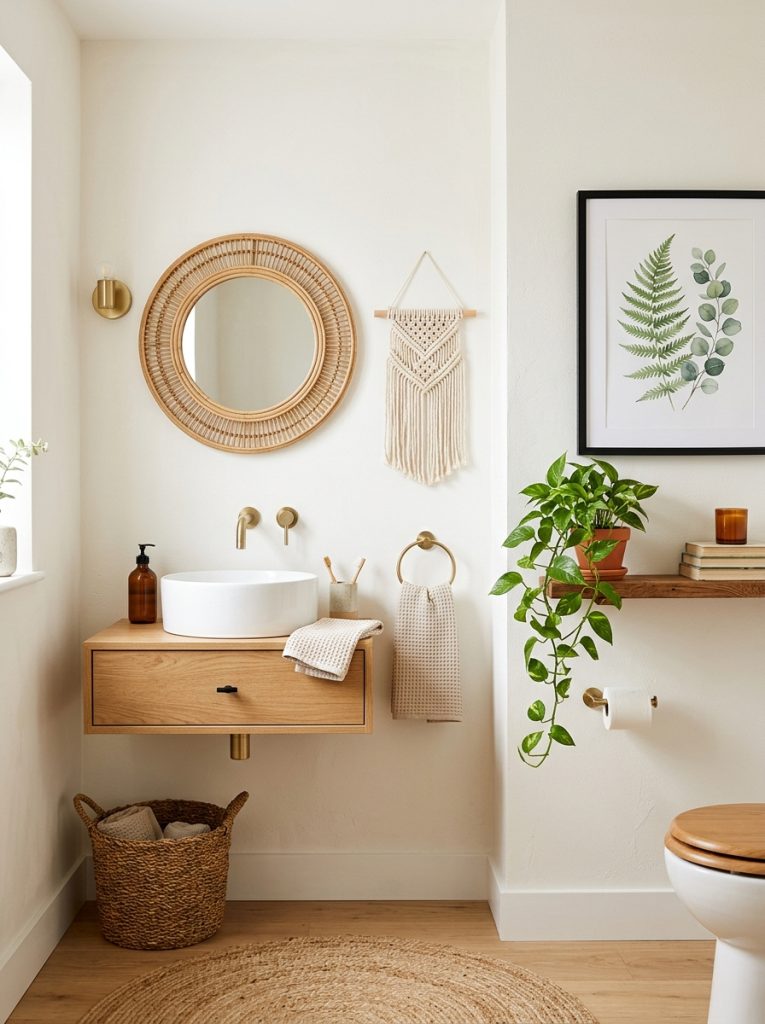 Modern boho half bathroom with rattan mirror macrame wall hanging botanical print and wood shelf