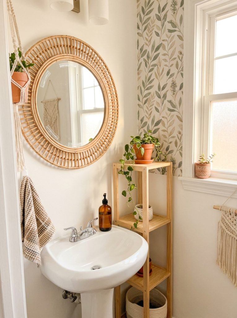 Apartment boho half bathroom with white walls rattan mirror freestanding shelf botanical wallpaper and woven towel