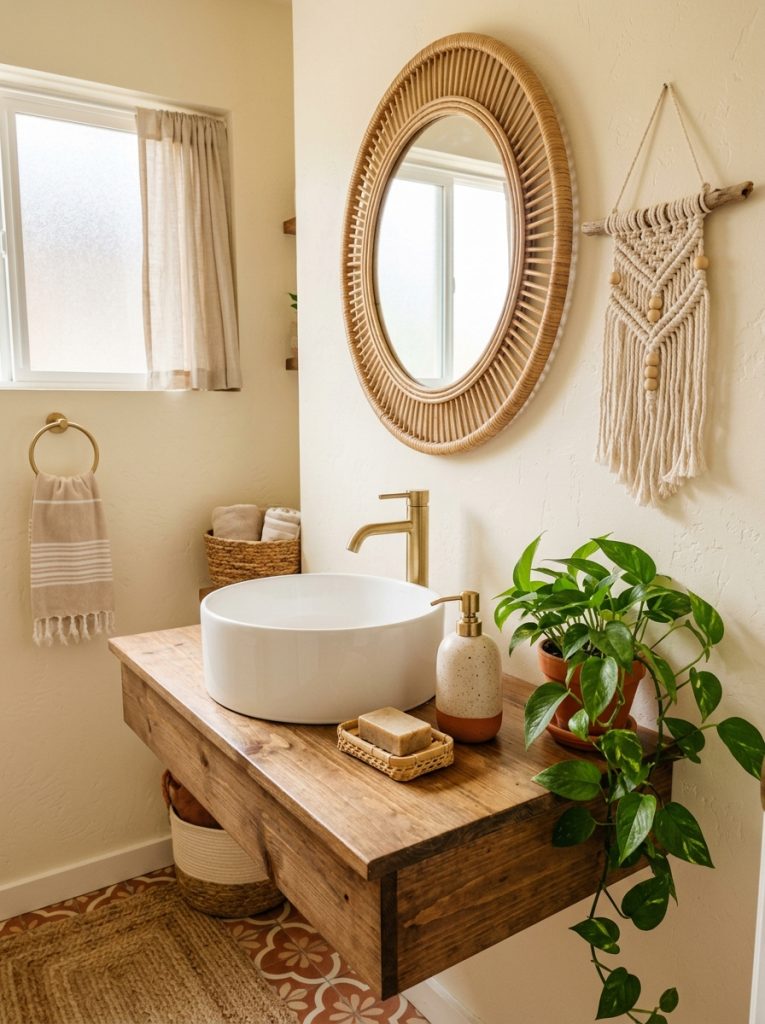 Boho half bathroom with rattan mirror macrame wall hanging and boho accessories