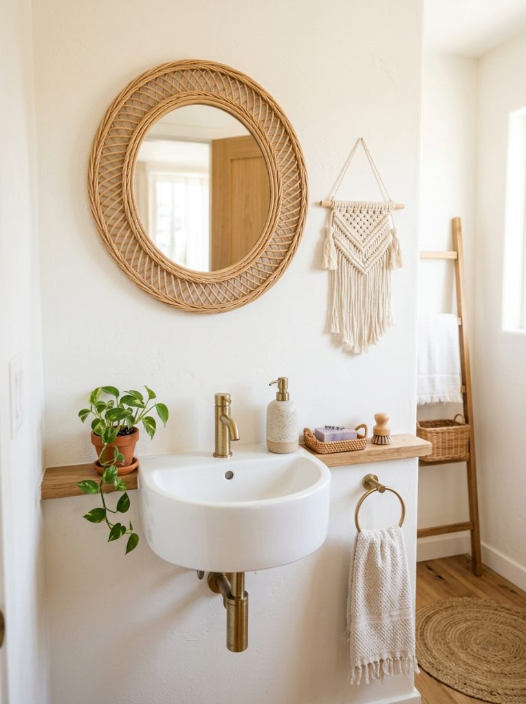 Small boho half bathroom with rattan mirror macrame wall hanging boho accessories and trailing plant