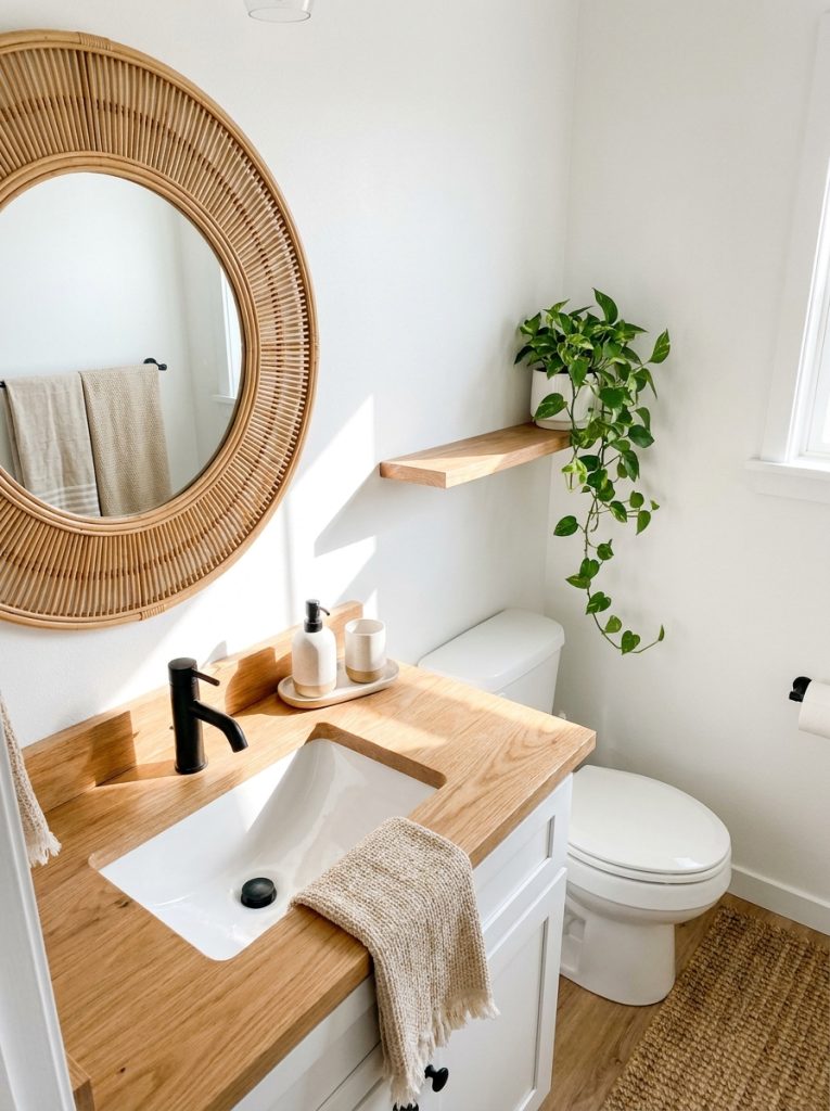 Modern boho half bathroom with white walls rattan mirror black faucet boho ceramic accessories and trailing photos.