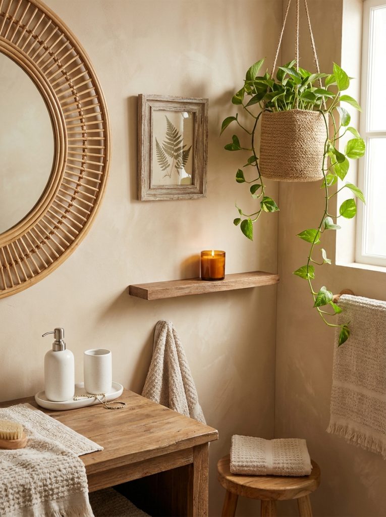 Aesthetic boho half bathroom with beige walls rattan mirror botanical print white ceramic accessories trailing plant and wooden shelf