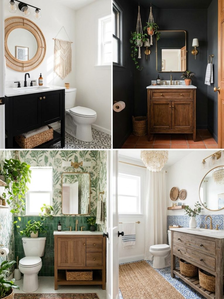 Collage of four beautiful boho half bathroom decor ideas in warm earthy and creative styles