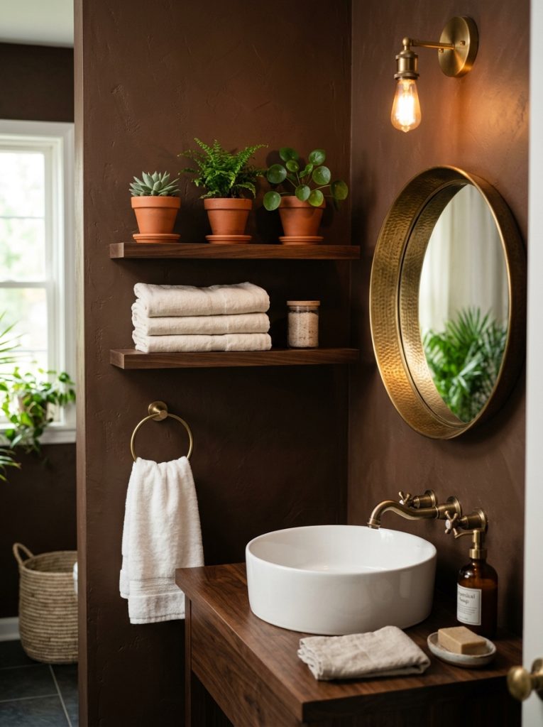 Brown moody bathroom with chocolate walls walnut shelf brass mirror and plants