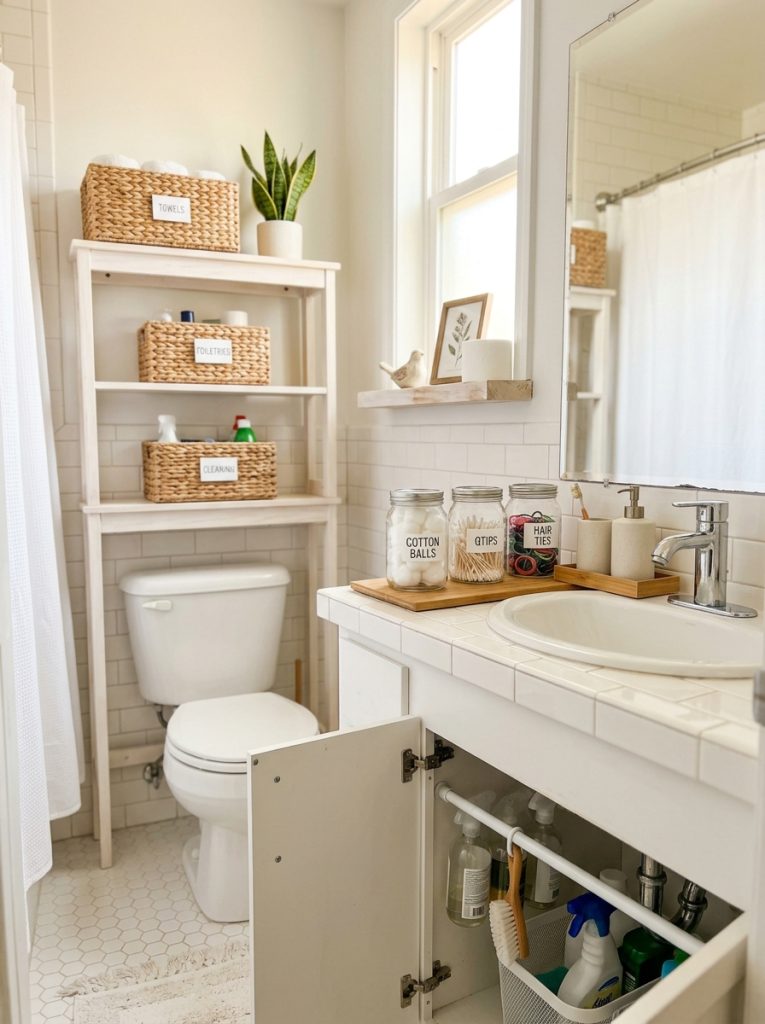 Budget small bathroom organization with repurposed glass jars cotton balls qtips hair ties over toilet shelf baskets and tension rod under sink