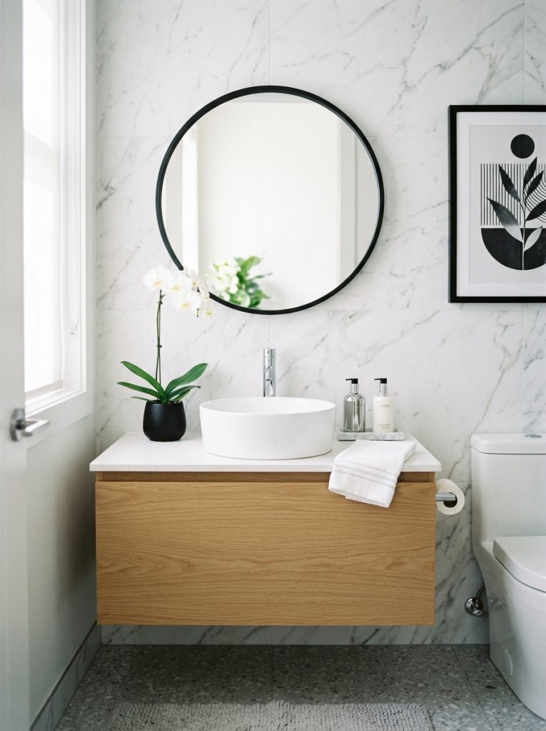 Modern chic half bathroom with marble walls black mirror chrome soap dispenser and white orchid
