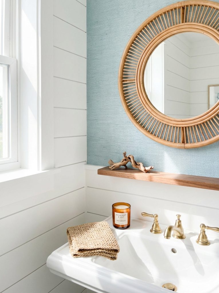 Coastal boho half bathroom with white walls blue texture wallpaper rattan mirror candle set seagrass towel and driftwood
